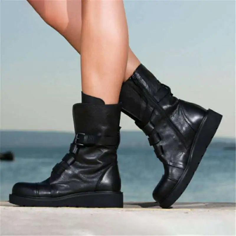 Black Buckle Mid-Calf Combat Boots – Women’s Fashion Black Round-Toe Mid-Calf Flat Martin Boots 2020 Style
