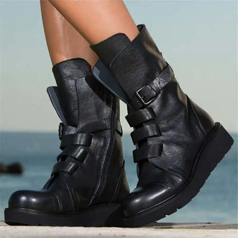 Black Buckle Mid-Calf Combat Boots – Women’s Fashion Black Round-Toe Mid-Calf Flat Martin Boots 2020 Style