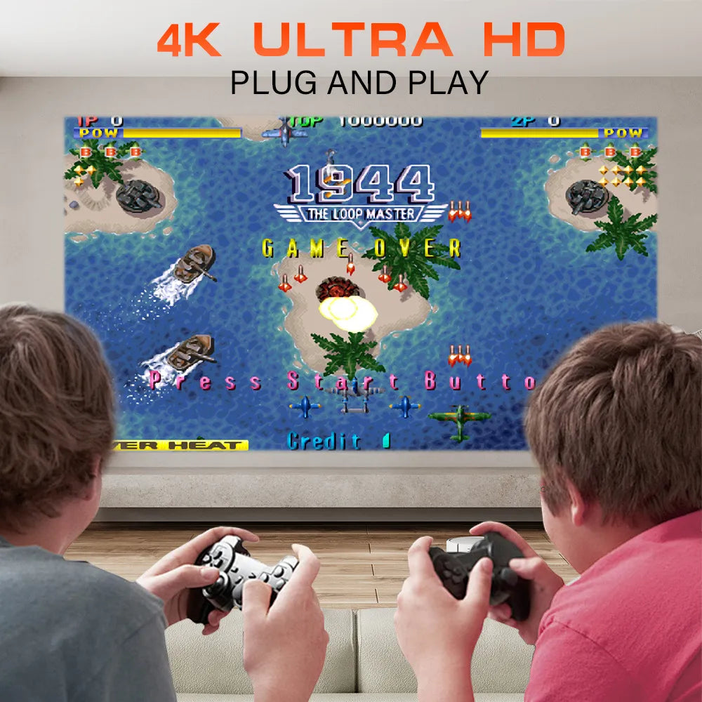 HD 4K Game Projector Console – Built-In Retro Games + Wireless Controllers