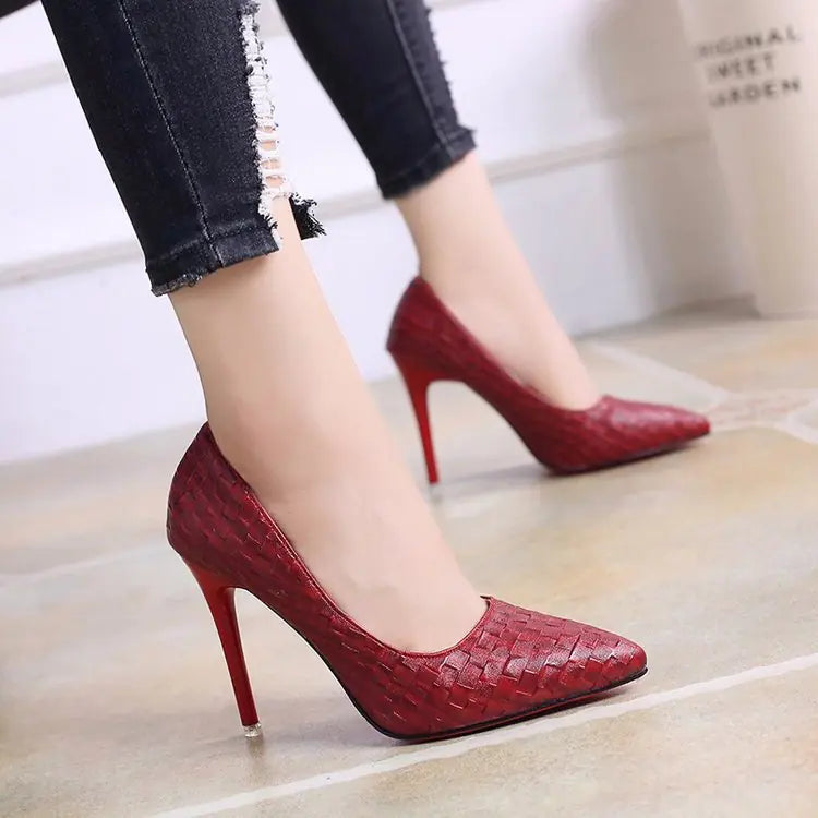 Women's Red Pointed Toe Stiletto Heels – Elegant Faux Leather Pumps