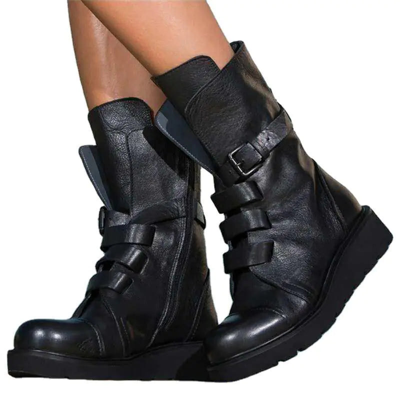 Black Buckle Mid-Calf Combat Boots – Women’s Fashion Black Round-Toe Mid-Calf Flat Martin Boots 2020 Style
