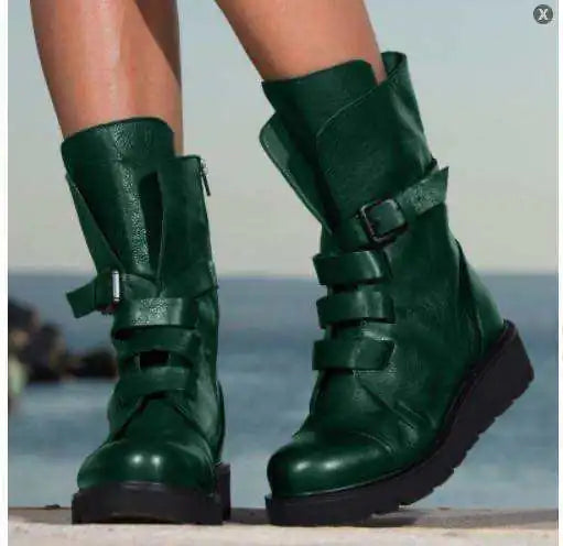 Black Buckle Mid-Calf Combat Boots – Women’s Fashion Black Round-Toe Mid-Calf Flat Martin Boots 2020 Style