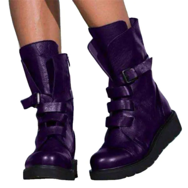 Black Buckle Mid-Calf Combat Boots – Women’s Fashion Black Round-Toe Mid-Calf Flat Martin Boots 2020 Style