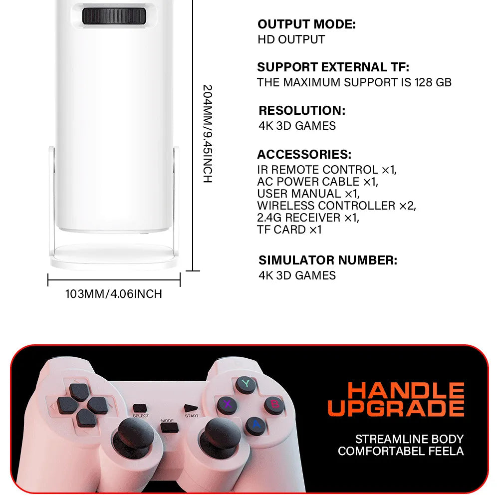 HD 4K Game Projector Console – Built-In Retro Games + Wireless Controllers