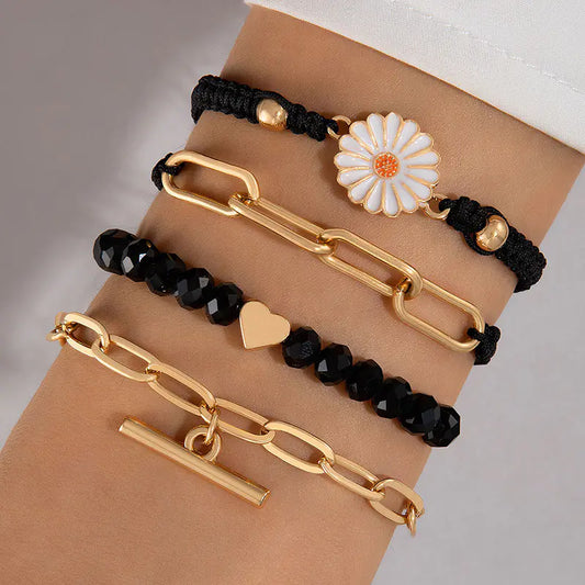 Vintage Alloy Chrysanthemum Black Bead Rope Bracelet