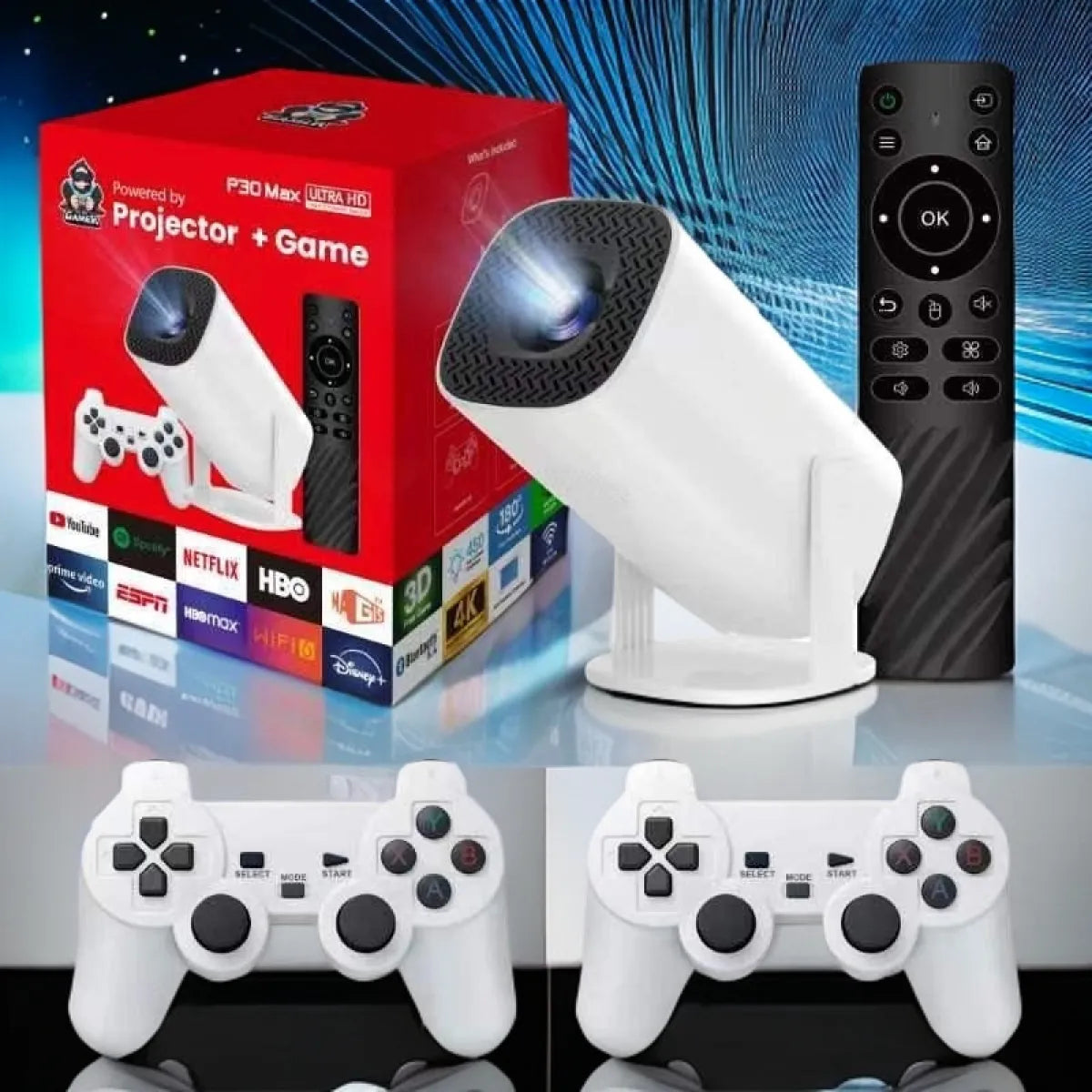 HD 4K Game Projector Console – Built-In Retro Games + Wireless Controllers