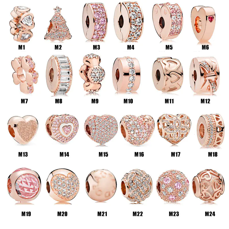 Rose Gold Charms – 925 Sterling Silver Sparkle Collection Silicone Clip DIY Beads